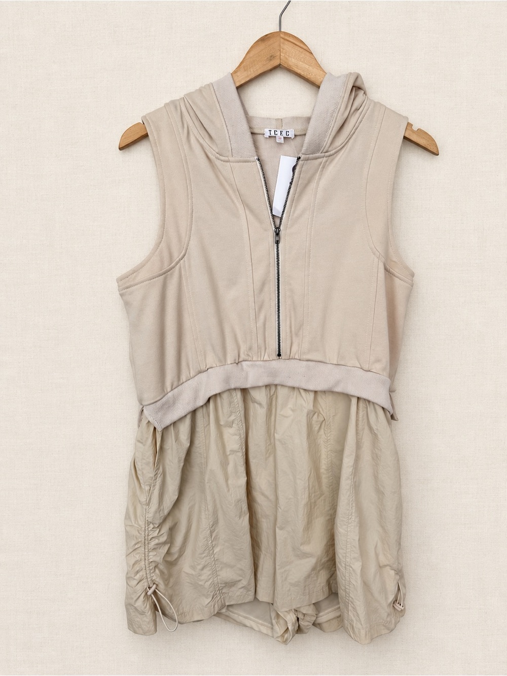 TCEC Sleeveless Hooded Zip Front Romper in Beige